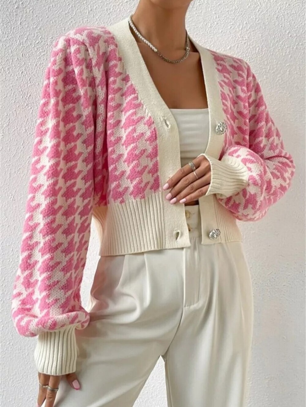 Houndstooth V-Neck Button Up Cardigan - Picture 6 of 6